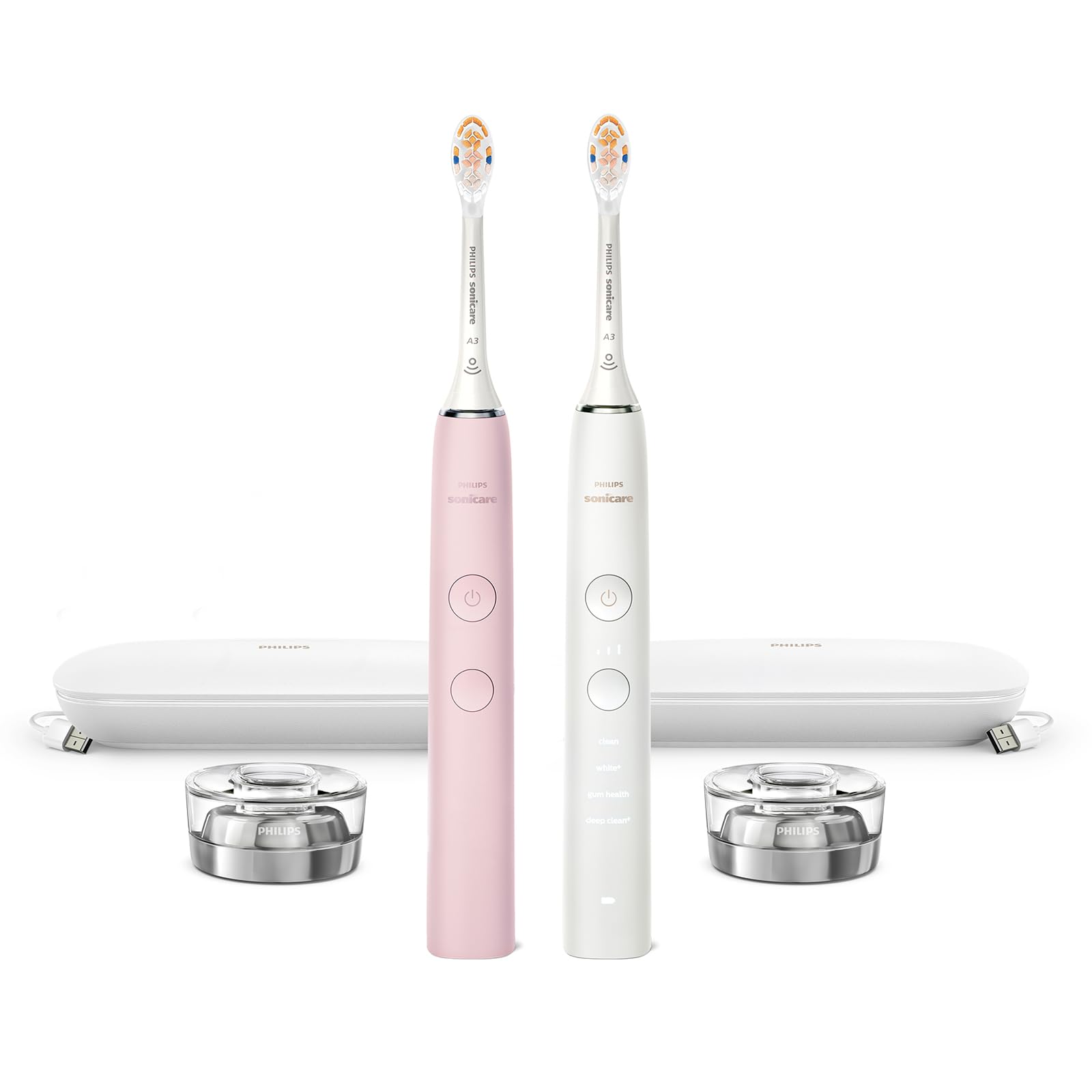 Philips Sonicare DiamondClean Connected Electric Toothbrush 2 Pack, x2 Sonic Toothbrushes, x2 Charging Travel Cases, x2 A3 Brush Heads, 12 Brushing Settings, (Pink and White), Model HX9912/72