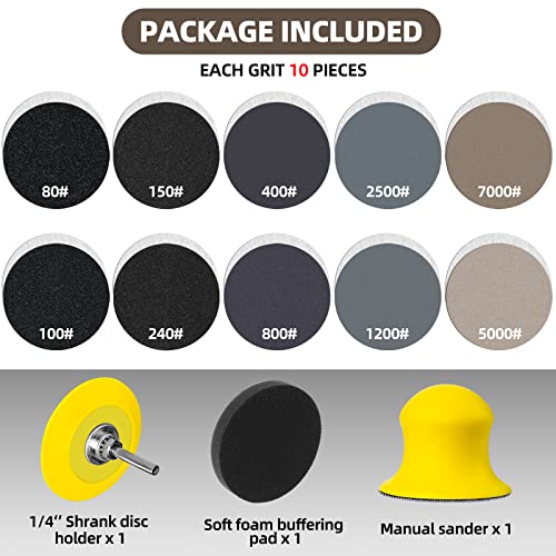 100Pcs 2 Inch Sanding Discs Assorted 80-7000 Grits 2” Wet/Dry Sander Pads With 1/4” Shank Backing Plate And Hook & Loop Soft Foam Buffering Pad For Drill Grinder Rotary Tools Attachment #TOP6