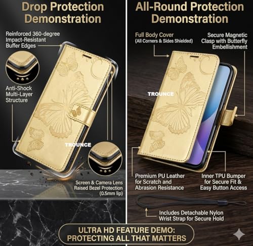 Image of TROUNCE Butterfly Embossing Shock Proof Flip Cover with Card Cash Holder Wallet Case & Magnetic Lock|Mobile Cover|Back Cover- Gold for Google Pixel 8
