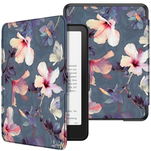 Image of Fintie Case for 7 inch All-New Kindle Paperwhite (12th Generation, 2024) and Kindle Colorsoft Signature Edition - Slim Lightweight Shell PU Leather Protective Cover with Auto Sleep /Wake,Blooming Hibiscus