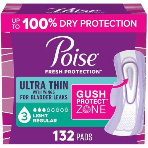 Poise Ultra Thin Incontinence & Postpartum Pads with Wings for Bladder Leaks 3 Drop Light Absorbency Regular Length 132 Count (Packaging May Vary)