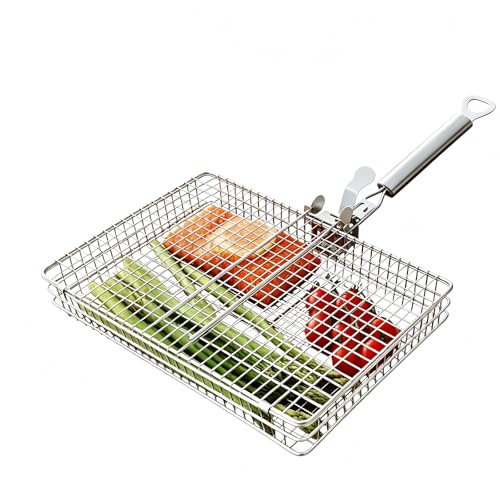 sanbeitang Fish Grill Baskets with Removable Handle Portable BBQ Grilling Basket Folding Portable Fish Grilling Rack For Grill Stainless Steel Grill Basket For Veggies Shrimp Meat