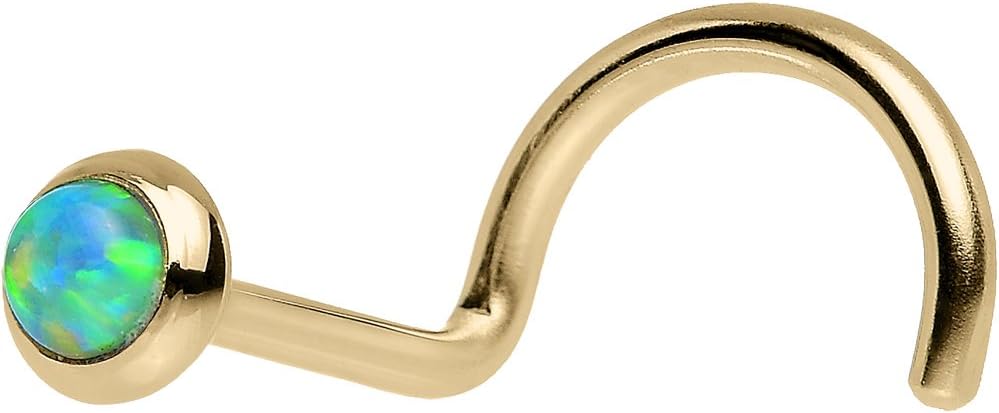 Body Candy 14k Yellow Gold 2mm Lime Synthetic Opal Left Nose Stud Screw 20 Gauge 1/4"