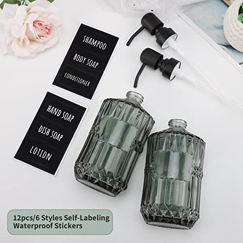 Image of Segbeauty Glass Soap Dispenser Set, 2 Pack 15.2oz Farmhouse Kitchen Decor Stainless Steel Pump Bottles, 450ml Refillable Shower Bottle Hand Soap Dispenser for Modern Home Bathroom Western Decor Green