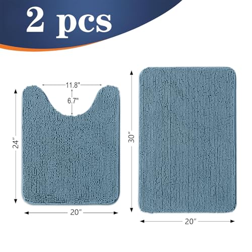 Image of OLANLY Bathroom Rugs Sets 2 Piece, Soft Absorbent Chenille Bath Mats and U-Shaped Contour Toilet Mat Area Rug Set, Machine Washable Bath Carpet, Home Decor Accessories(30 inchx20 inch+24 inchx20 inch, Airy Blue)