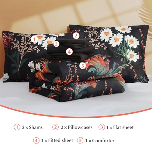 CASAAGUSTO King Size Comforter Set, 7 PCS Black Shore Floral Comforter Set with Flowers Leaves Pattern, Soft All Season King Bedding Set (102"X90")