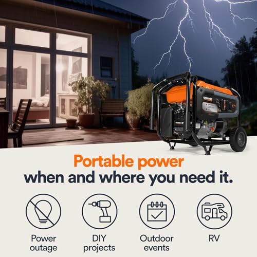 Image of Generac 8,125 Starting Watt Portable Gas Generator, PowerRush Technology, COsense Carbon Monoxide Detection, 10.5 Hour Runtime, Heavy Duty Steel Frame, Home Backup Emergency, 49-State