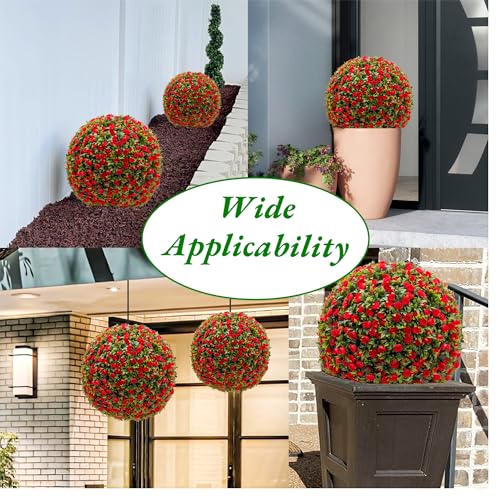 17" Artificial Topiary Balls 2PCS, Flower Topiary Ball Decorative Balls for Outdoor Patio Garden and Indoor, Wedding Decoration, Red