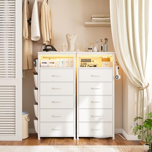 Image of EnHomee Tall Nightstand Set of 2, Bedside Table with Charging Station and LED Light, Night Stand with Extra Side Bag & Hooks, Bedroom, Closet, Hallway, Entryway, White