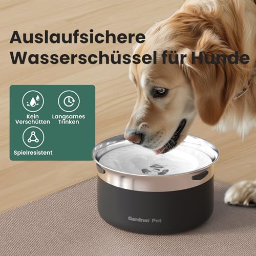 Gardner Pet Wassernapf Hund ohne Sabbern, 3,85L Edelstahl Hundenapf Auslaufsicher, Anti-Verschluck-Wasser für große Hunde, Für Innen, draußen geeignet, Verhindert Tropfen, Schwarz