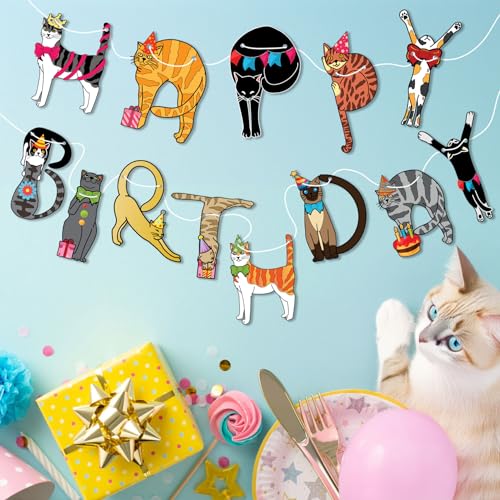 Image of Happy Birthday Cat Banner Garland - Cute Kitten Birthday Party Decorations for Kitten Lovers | Colorful Cat Themed Party Supplies for Kids, Girls, Boys | Funny Cats Breed Bunting Decor