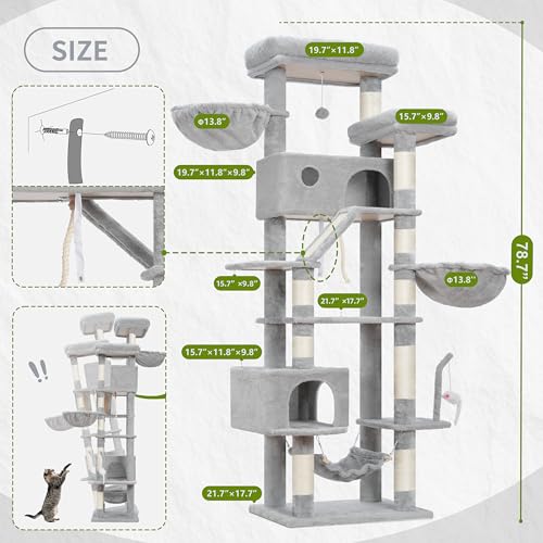Image of Gitelsnour Tall Cat Tree Tower for for Multiple Cats, Large Condo, GCT031W | 78.7 inch(200cm) Multi-level Scratching Post for Indoor Large Adult, 2 Condo, 4 Platforms, 3 Hammock, Sisal Rope, Toys Light Gray