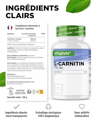 L-Carnitine - 180 capsules végétaliennes - Fortement dosé avec 3000 mg par portion journalière - Premium : 100% L-Carnitine Tartrate sans additifs - Végétalien – Image 6