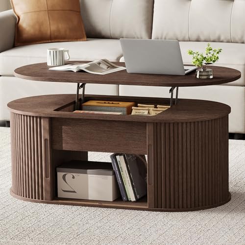 LINSY Lift Top Coffee Table, Oval Fluted Coffee Table with Storage, Mid Century Modern Wooden Coffee Tables with Sliding Tambour Door, 39' Center Table for Living Room, Office, Small Space, Walnut