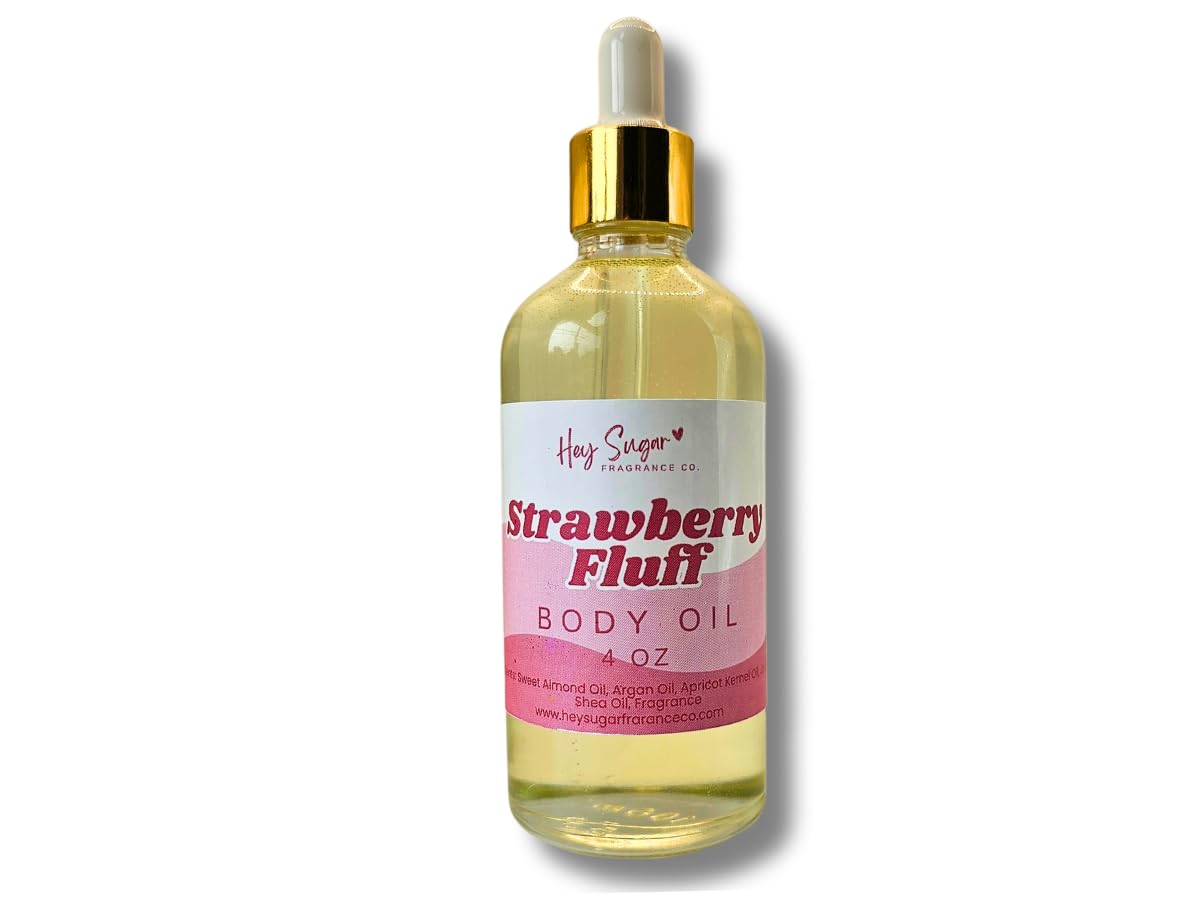 Strawberry Fluff Body Oil, 4 oz, Compare to Yum Bougie Marshmallow fragrance by Kayali, Moisturizing Oil Blend with Almond, Argan, Coconut, Jojoba Oil for Skin Care, Layering Fragrance
