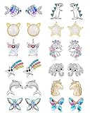 Hicdaw 12 Pairs Hypoallergenic Earrings for Girls Unicorn Earrings for Teen Girls Stainless Steel Cu