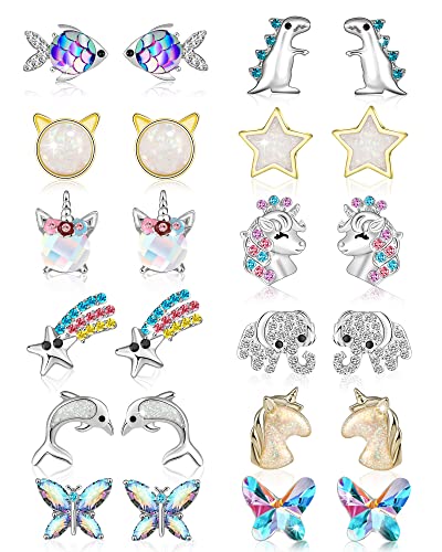 Hicdaw 12 Pairs Hypoallergenic Earrings For Girls Unicorn Earrings For Teen Girls Stainless Steel Cute Stud Earrings Set #TOP17