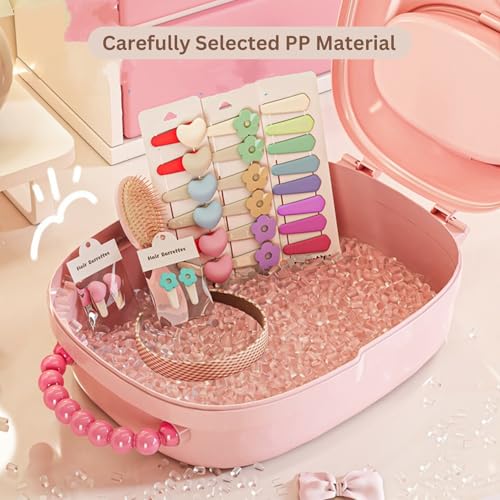Image of KiZY Girl Kid Hair Accessories Storage Box | Hair Ties-Clips, Bow-Ribbon-Headband, Jewelry Organizer | Portable Case | Available in Multiple Design-Color. (Pack of - 2, Pink Trolly)