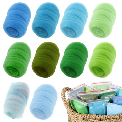 Image of 10 Colors Needle Felting Wool Roving, Green Series Wool Fiber Natural Wool Roving Yarn Handmade DIY Craft Materials for Felted Animal Flower Crafts Making