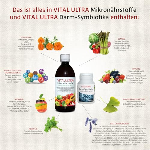 Vital Ultra – 480 ml Mikronährstoffkonzentrat & 30 vegane Kapseln Darm-Symbiotika – Vitamine, Mineralien, Spurenelemente & 23 Bakterienkulturen – hochdosiert 10 Milliarden Keime je Kapsel