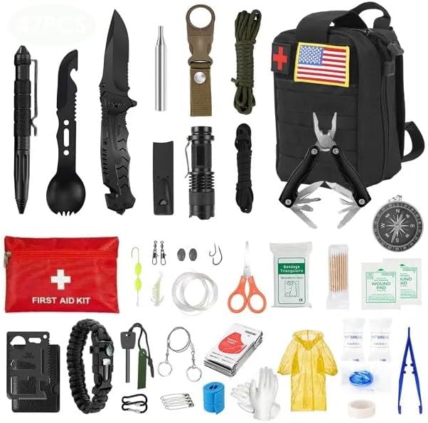 47 in 1 Survival Kits, Gifts for Men, Professional Survival Gear Equipment Tools First Aid Supplies for SOS Emergency Tactical Hiking Hunting Disaster Camping Adventures(No shipments on Weekends)