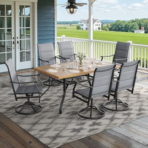 Image of Soohow 7-Piece Outdoor Dining Set, Patio Dining Table and Chairs Set for 6, 6 x Swivel Patio Chairs and 60 inchx35 inch Dining Table with 1.57 inch Umbrella Hole, Wood-Like, Ideal for Poolside, Backyard, Deck