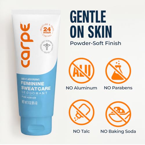 Image of Carpe Feminine Sweatcare Intimate Deodorant - pH Balanced, 24Hr Moisture & Odor Control Whole Body Deodorant for Women - Gynecologist Tested & Safe for Private Parts - Pure Powder - 3oz