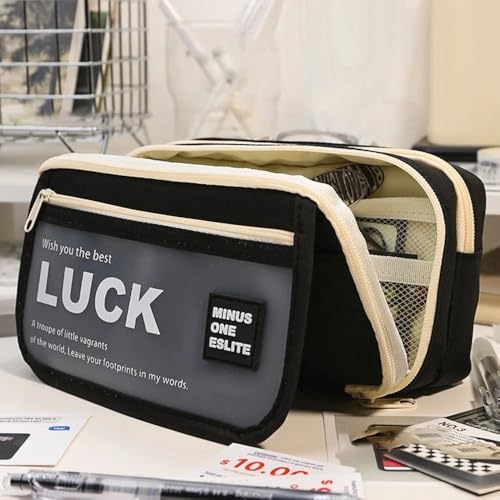 Image of Big Capacity 9-Layer Canvas Pencil Pouch for Boys & Girls, Multifunctional Visual Pouch for Stationery, Cosmetics, Accessories, College Essentials for Students, and Children's Gift (LUCK-Black color)