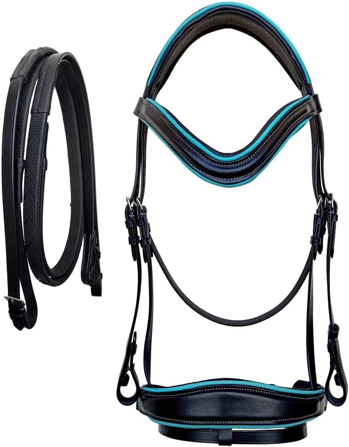 CHALLENGER Cob English All-Purpose Trail Black Leather Turquoise Bridle Reins 803AX10TR-C