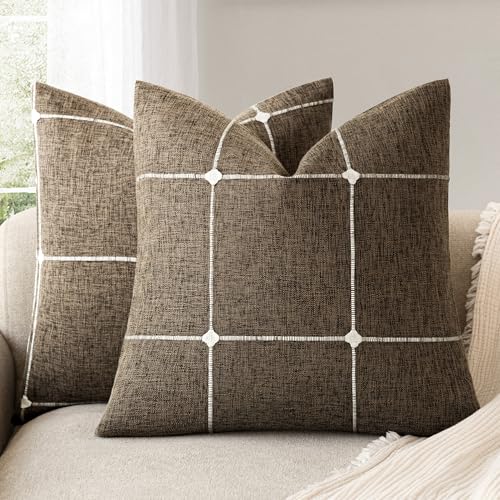 Image of Foindtower Pack of 2 Decorative Faux Linen Jacquard Check Throw Pillow Covers Farmhouse Cushion Cover with Grid Textured Accent Pillowcase for Couch Sofa Living Room Home Decor,16x16 Inch,Cocoa Brown