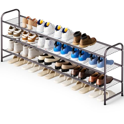 KEETDY Lang schoenenrek met 3 niveaus voor kastvloer entryway, brede schoenenopslag organizer stapelbare metalen schoenenplank voor 24 paar heren sneakers met draadrooster voor slaapkamer, brons