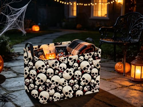 Image of Sanjiaofeng Rectangular Gothic Skull Halloween Storage Basket,Empty Halloween Basket.Cute Baskets for Room Decor, Pumpkin Baskets with Handles.Books Bins,Gifts Box(Skull)