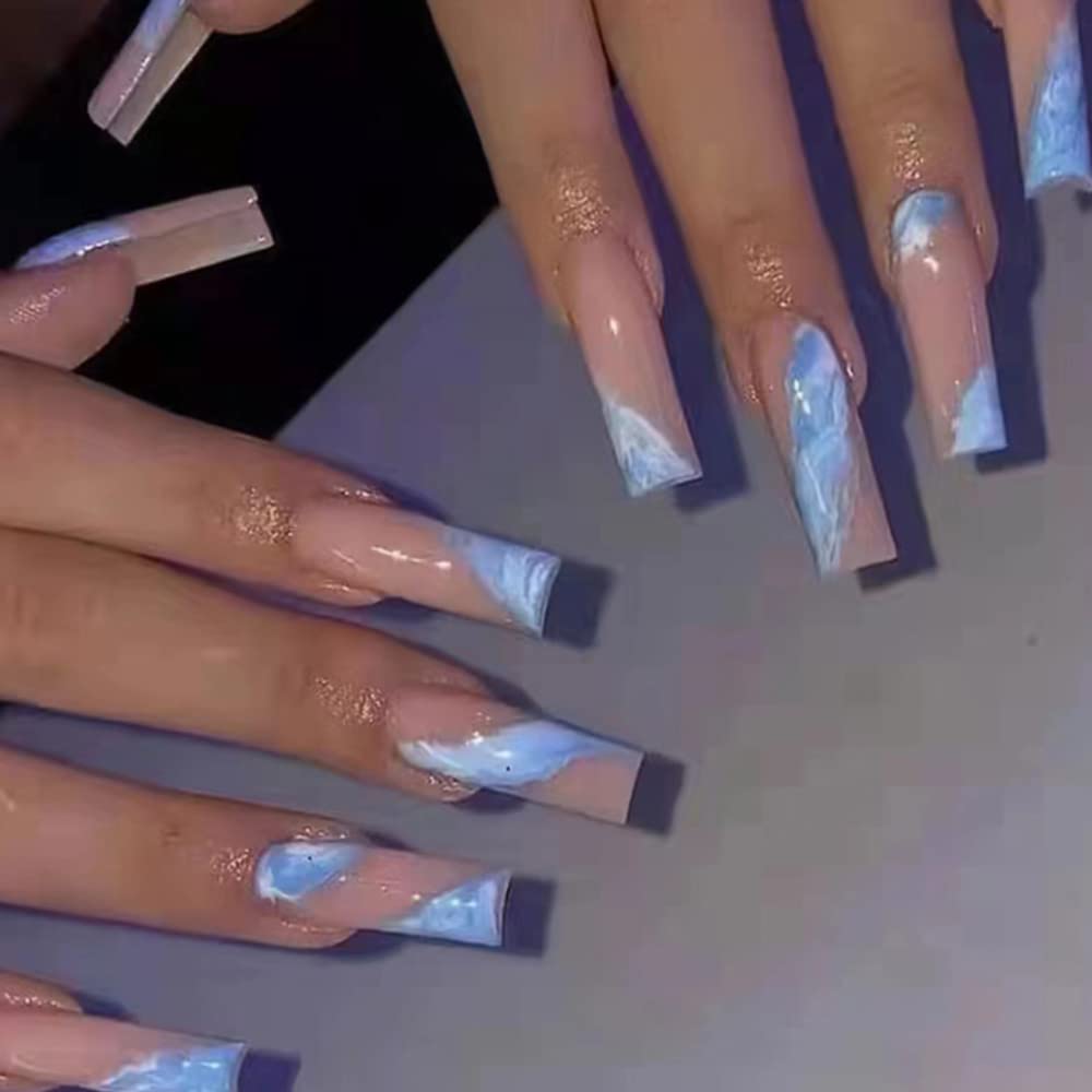 YoYoee Long False Nails Tips - Coffin Press on Nails Acrylics Full Cover Gradient Fake Nail Nude Marble Nails for Women and Girls 24Pcs