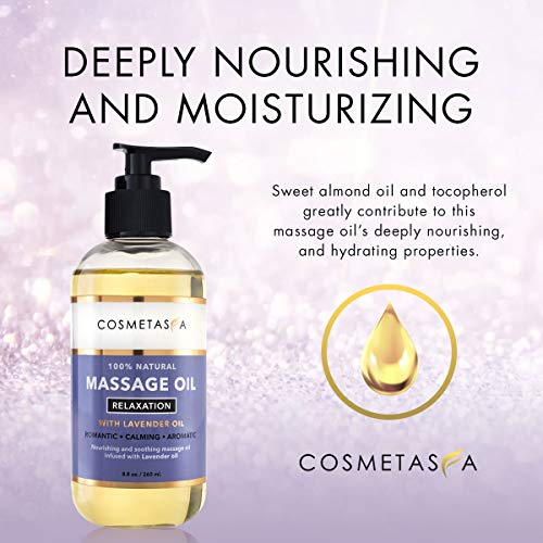 Lavender Relaxation Massage Oil- 100% Natural Blend of Spa Quality Oils for Romantic, Calming, Aromatic, Soothing Massage Therapy 8.8 oz by Cosmetasa