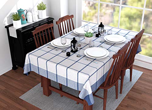 Image of Encasa XO Table Cloth (10 ft Long) for 8 to 10 Seater Large Center Dining Table - Blue Checks with Borders - Heavy Homespun Eco-Cotton Fabric, Washable, for Home, Garden, Hotel & Restaurant