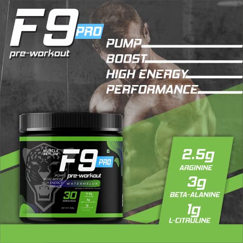 Image of Muscle Asylum F9 Pro Pre-Workout - 30 Servings, 300 Gm (Watermelon) | Boosts Energy & Endurance | Improves Focus,Powder