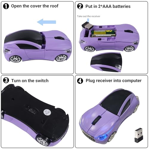 Image of elec Space Wireless Mini Mouse with Case - Cute Sports Car Shape, Lightweight & Portable, 10m Range, Plug and Play (Purple)