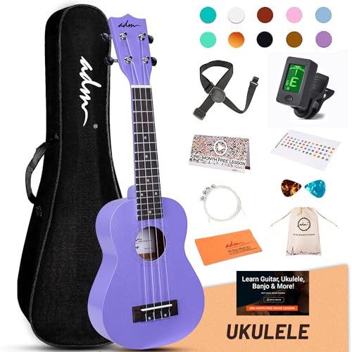 Image of ADM Ukulele for Beginners Hawaiian Sapelewood Ukelele Kit for Adult Student Starter Professional Ukalelee Pack Bundle with Free Lessons Gig Bag Strap Nylon String Tuner (Purple-Sapele, 21 Inch)
