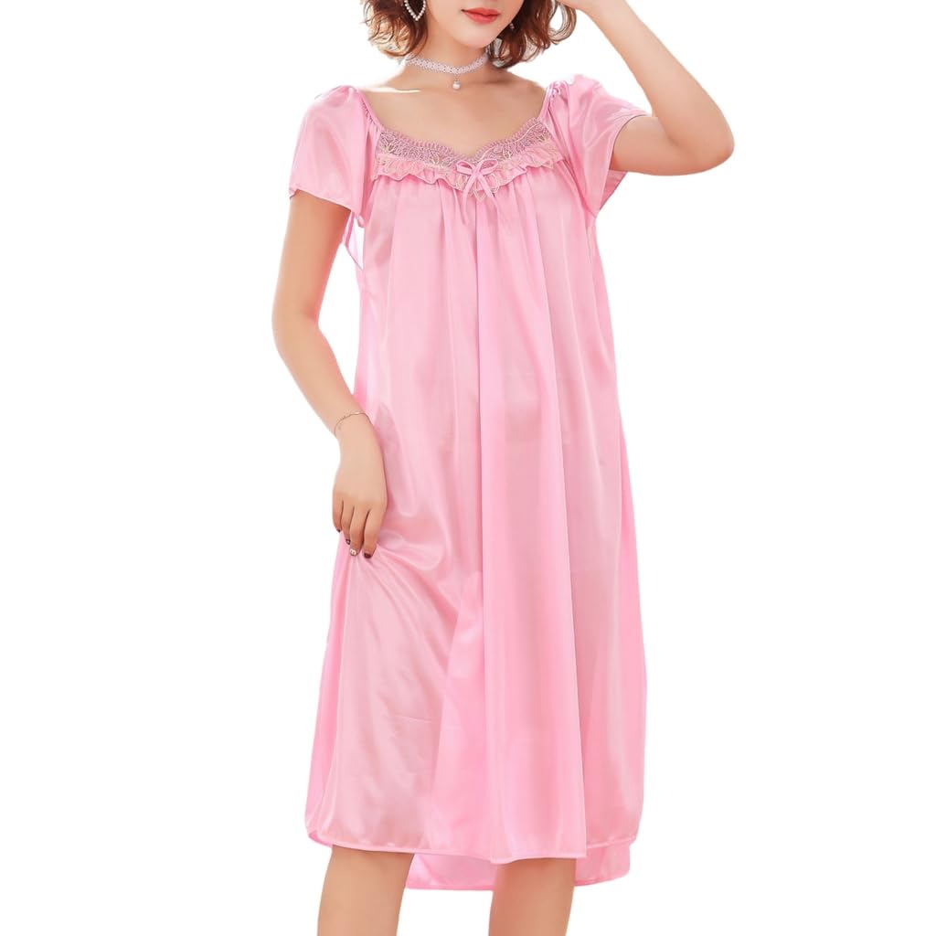 GMBYLBY Women's Ice Silk Pleated Nightgown Loose Sleepwear Nightshirt Short Sleeve Sleep Dress Summers Sleepshirt