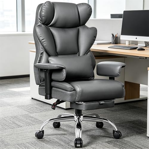 Image of Big & Tall Office Chair 400 LBS with Lumbar Support & Footrest | Heavy Duty Ergonomic Executive Computer Chair with Adjustable Arms and Wide Seat, PU Leather High Back for Heavy People, Gray
