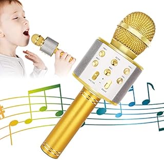 KIDWILL Wireless Bluetooth Karaoke Microphone for Kids, 5-in-1 Portable Handheld Karaoke Mic Speaker Player Recorder with Adjustable Remix FM Radio for Kids Adults Birthday Party KTV Christmas (Gold)
