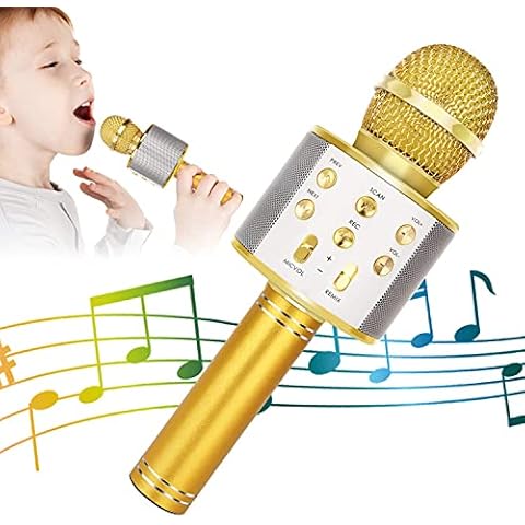 KIDWILL Wireless Bluetooth Karaoke Microphone for Kids, 5-in-1 Portable Handheld Karaoke Mic Speaker Player Recorder with Adjustable Remix FM Radio for Kids Adults Birthday Party KTV Christmas (Gold) Cover