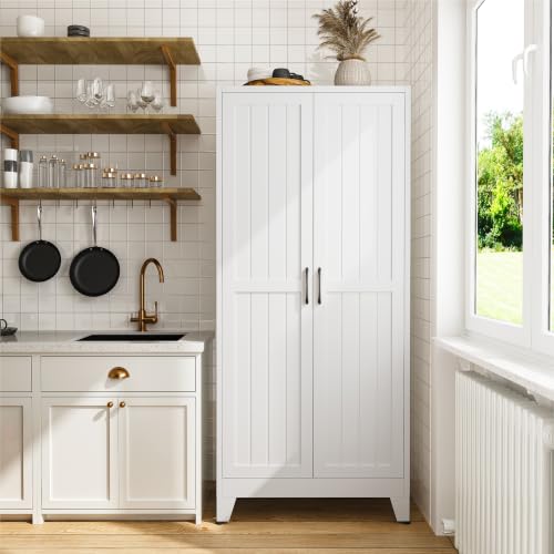 Image of COFaR 71 inch White Pantry Cabinet with Vertical-Groove Doors and Shelves