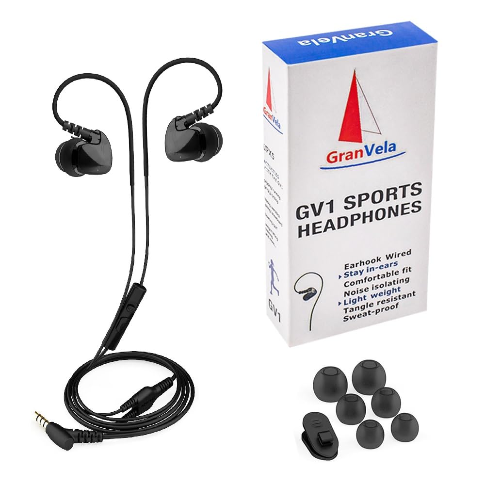 GranVela Écouteurs de Sport GV1 avec Fil à mémoire et Isolation phonique, écouteurs Intra-Auriculaires pour Gym et Course à Pied avec Microphone (Noir)