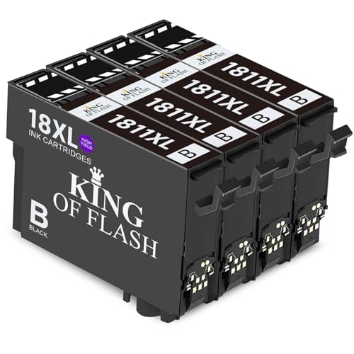 KING OF FLASH Replacement for Epson 18 18XL Black Ink Cartridges Compatible for Epson Expression Home XP-425 XP-422 XP-415 XP-412 XP-325 XP-322 XP-315 XP-312 XP-225 XP-215 XP-212 XP-405 (4 Black)