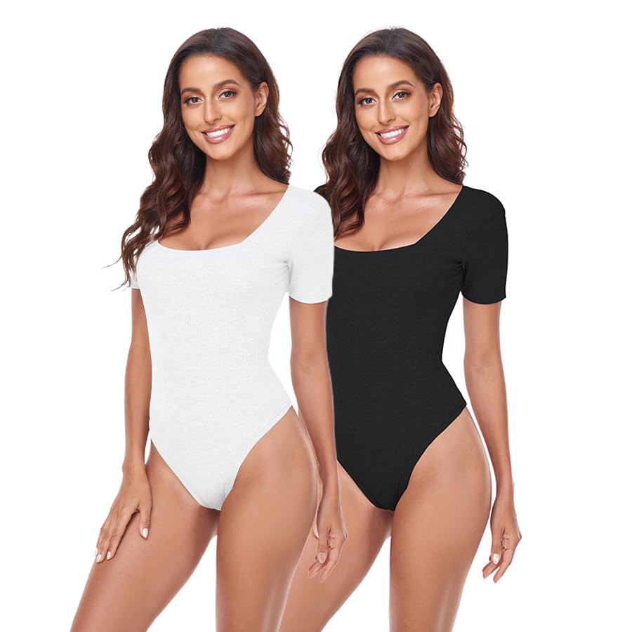 Photo 1 of ADANIKI 2 Piece Women Square Neck Short Sleeve Bodysuit, Women’s Sexy Tops T Shirt Body Suit Jumpsuits Clothing (Black+White, XX-Large)