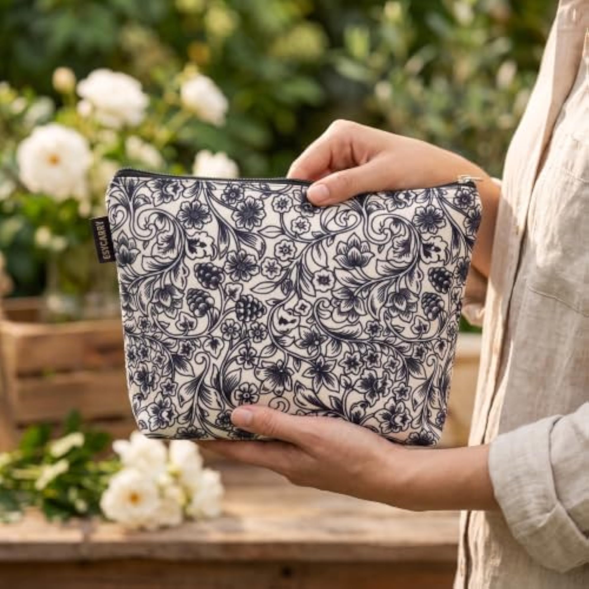Black & White Floral Printed Canvas Travel Pouch