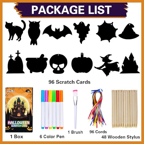 Max Fun Halloween Craft Scratch Paper Art for Kids Party Games Ornaments 96PCS Magic Rainbow Scratch Off Cards Paper Hanging Educational Toys Kit Halloween Party Supplies Birthday Gift - Thumbnail 2