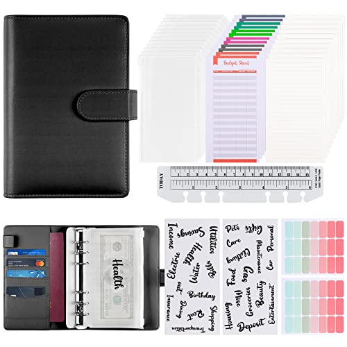 KidsPark Budget Planner, 40Pcs Budget Binder mit GeldumschläGe, Budget BläTter & Etiketten Aufkleber, A6 Ringbuch Budgetbuch Geld Organizer, Schwarz Cover