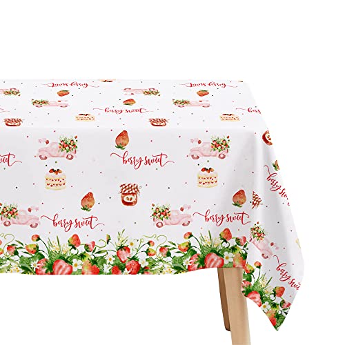 Image of Xigejob Strawberry Party Tablecloth Decorations, Disposable Summer Fruit Berry Sweet Theme Strawberry Table Cover for Birthday Baby Shower,3 Pack, 54in x 108in